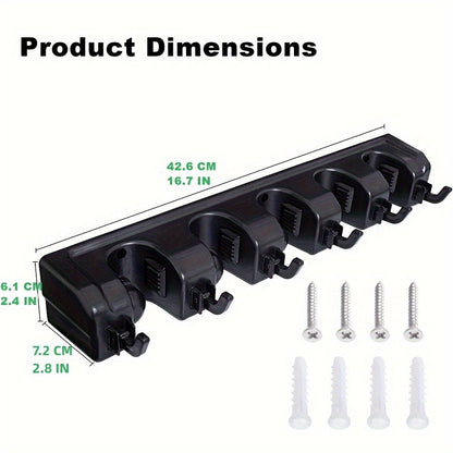 Broom & Mop Holder Wall Mount - 1pc Heavy Duty Tool Organizer for Garden, Laundry Room, Closet, Garage - 5 Slot & 6 Hook Hanger for Rake, Shovel, Mops - Plastic Utility Rack