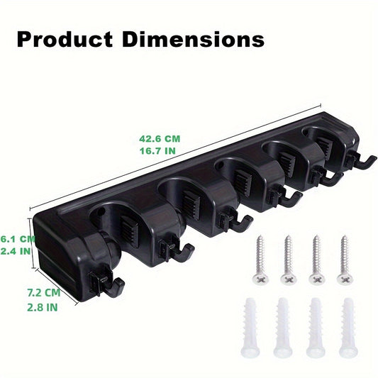 Broom & Mop Holder Wall Mount - 1pc Heavy Duty Tool Organizer for Garden, Laundry Room, Closet, Garage - 5 Slot & 6 Hook Hanger for Rake, Shovel, Mops - Plastic Utility Rack
