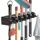 Broom & Mop Holder Wall Mount - 1pc Heavy Duty Tool Organizer for Garden, Laundry Room, Closet, Garage - 5 Slot & 6 Hook Hanger for Rake, Shovel, Mops - Plastic Utility Rack
