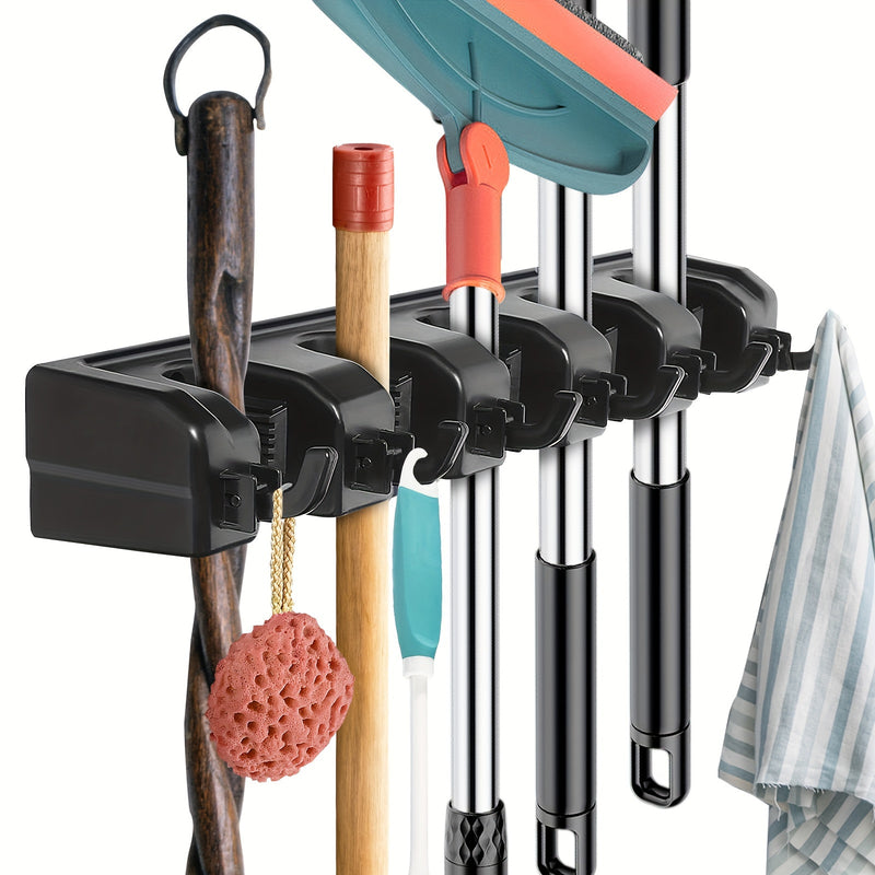 Broom & Mop Holder Wall Mount - 1pc Heavy Duty Tool Organizer for Garden, Laundry Room, Closet, Garage - 5 Slot & 6 Hook Hanger for Rake, Shovel, Mops - Plastic Utility Rack