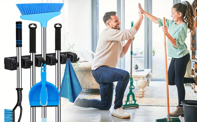 Broom & Mop Holder Wall Mount - 1pc Heavy Duty Tool Organizer for Garden, Laundry Room, Closet, Garage - 5 Slot & 6 Hook Hanger for Rake, Shovel, Mops - Plastic Utility Rack