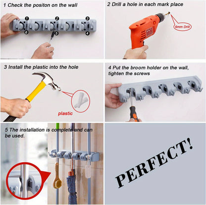 Broom & Mop Holder Wall Mount - 1pc Heavy Duty Tool Organizer for Garden, Laundry Room, Closet, Garage - 5 Slot & 6 Hook Hanger for Rake, Shovel, Mops - Plastic Utility Rack