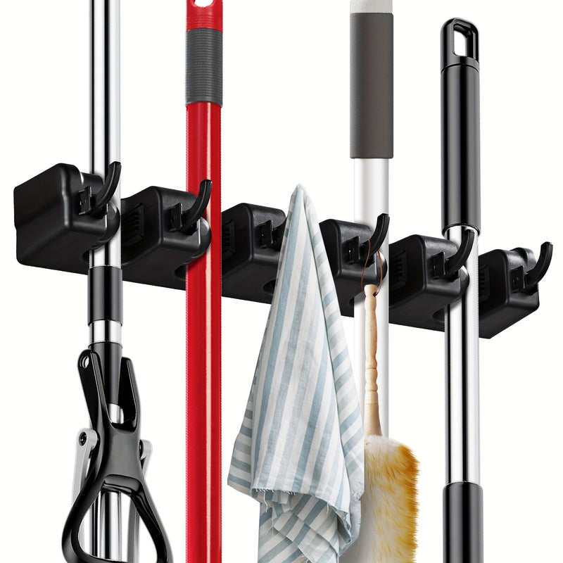 Broom & Mop Holder Wall Mount - 1pc Heavy Duty Tool Organizer for Garden, Laundry Room, Closet, Garage - 5 Slot & 6 Hook Hanger for Rake, Shovel, Mops - Plastic Utility Rack