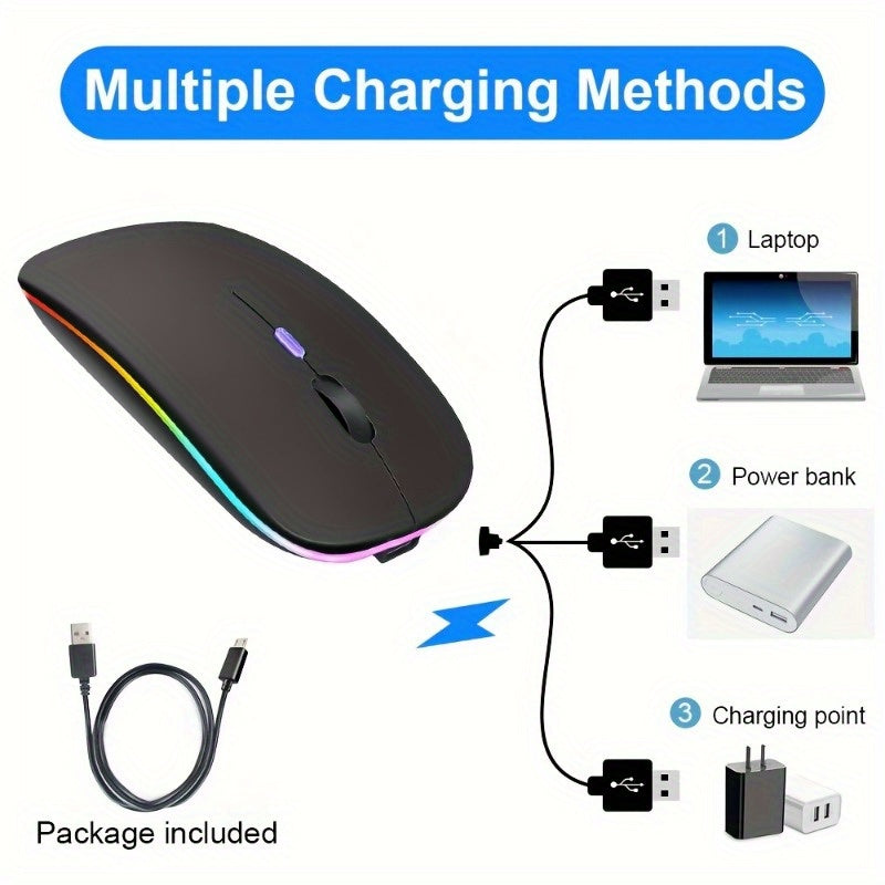 Ultra-Slim Wireless Mouse - Rechargeable, Silent, Portable Dual-Mode USB & Optical with C-Type Adapter for Computers