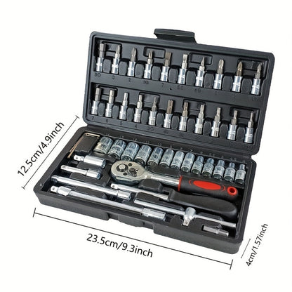 46pcs Finger Wrench Set with Sleeve - 1/4 Drive, Extension Rod for Auto & Home Maintenance, Steel Plated, Non-Power Tools with Storage Case