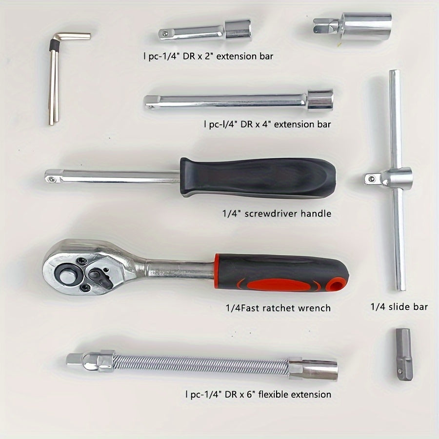 46pcs Finger Wrench Set with Sleeve - 1/4 Drive, Extension Rod for Auto &amp; Home Maintenance, Steel Plated, Non-Power Tools with Storage Case