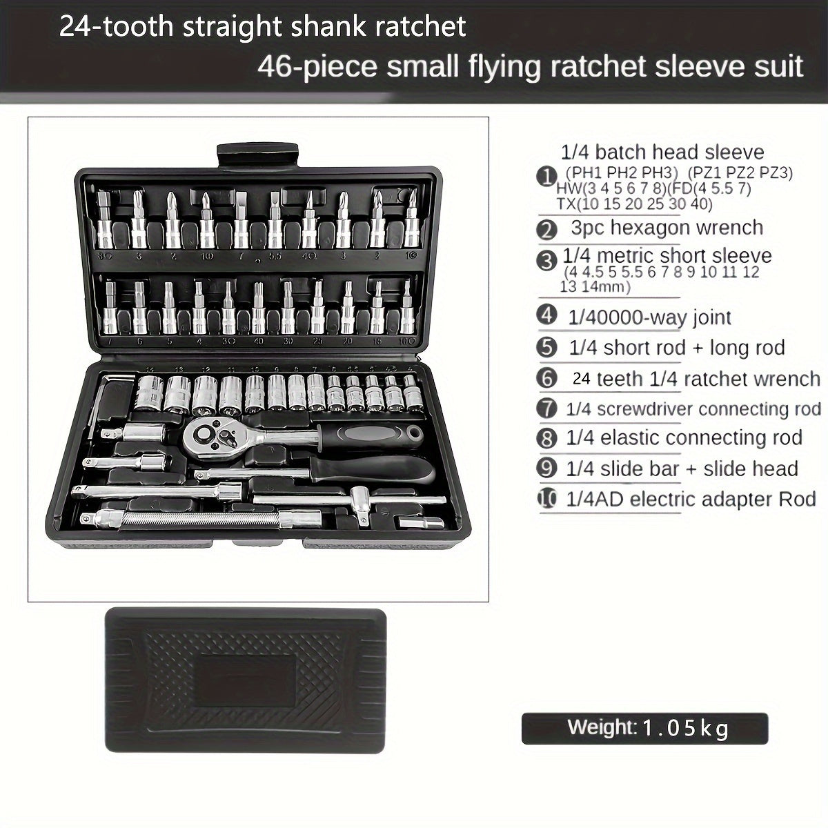 46pcs Finger Wrench Set with Sleeve - 1/4 Drive, Extension Rod for Auto &amp; Home Maintenance, Steel Plated, Non-Power Tools with Storage Case