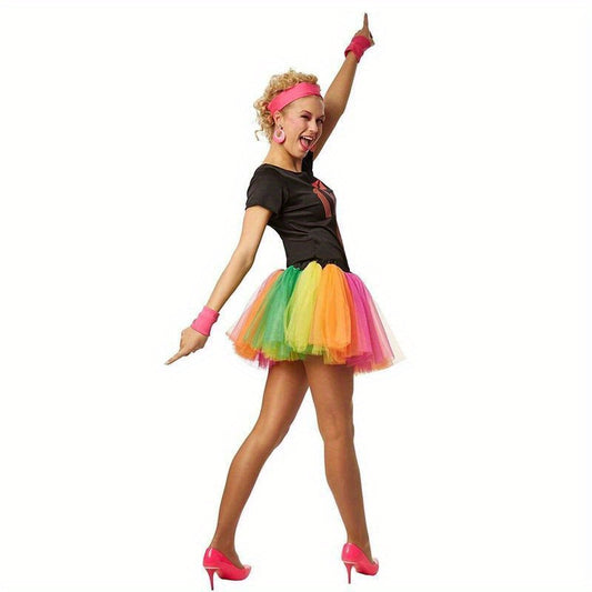 Retro 80s Party Costume Set for Women - Includes T-Shirt & Rainbow Tutu Skirt, Perfect for Themed Events & Parties