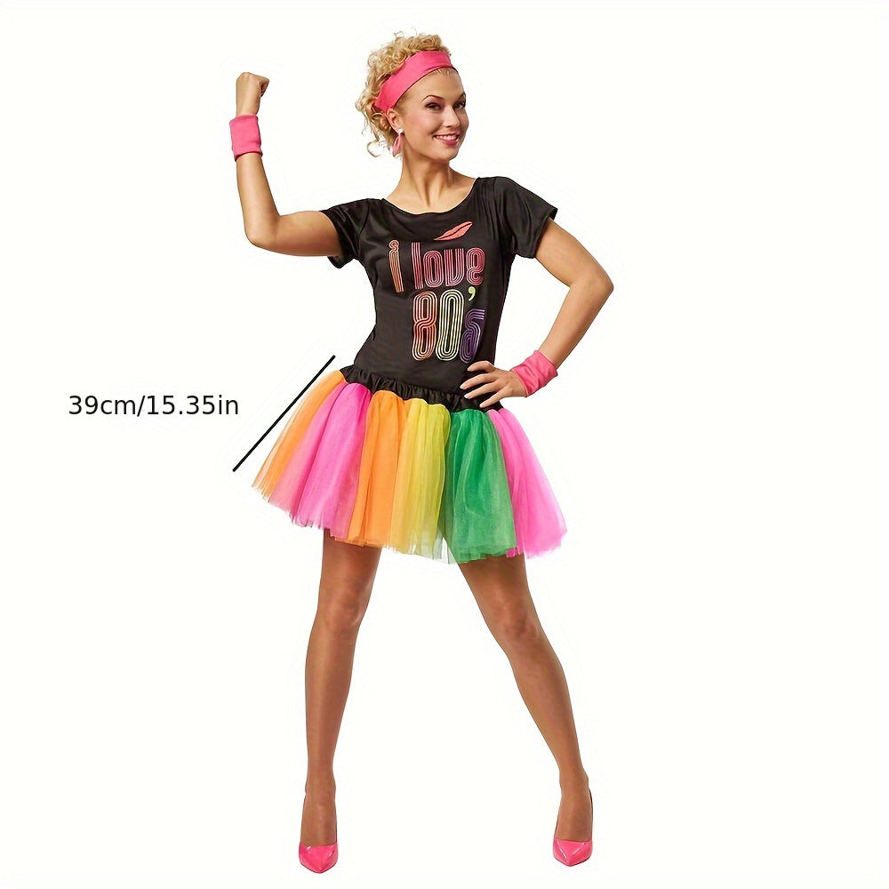 Retro 80s Party Costume Set for Women - Includes T-Shirt & Rainbow Tutu Skirt, Perfect for Themed Events & Parties