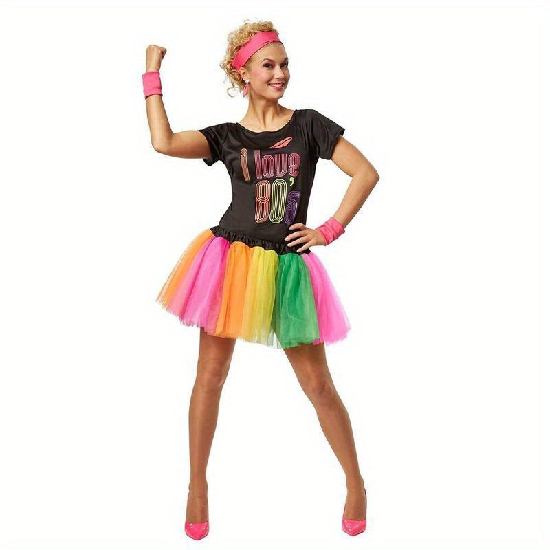 Retro 80s Party Costume Set for Women - Includes T-Shirt &amp; Rainbow Tutu Skirt, Perfect for Themed Events &amp; Parties