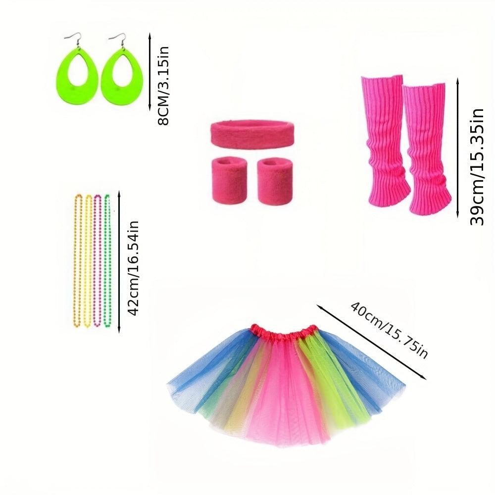 Retro 80s Party Costume Set for Women - Includes T-Shirt & Rainbow Tutu Skirt, Perfect for Themed Events & Parties