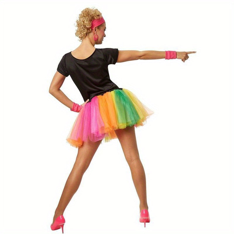 Retro 80s Party Costume Set for Women - Includes T-Shirt & Rainbow Tutu Skirt, Perfect for Themed Events & Parties