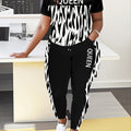 Plus Size Queen Letter Print Two-piece Set, Crew Neck Short Sleeve Top & Pants Outfits, Women's Plus Size Clothing