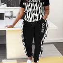 Plus Size Queen Letter Print Two-piece Set, Crew Neck Short Sleeve Top & Pants Outfits, Women's Plus Size Clothing