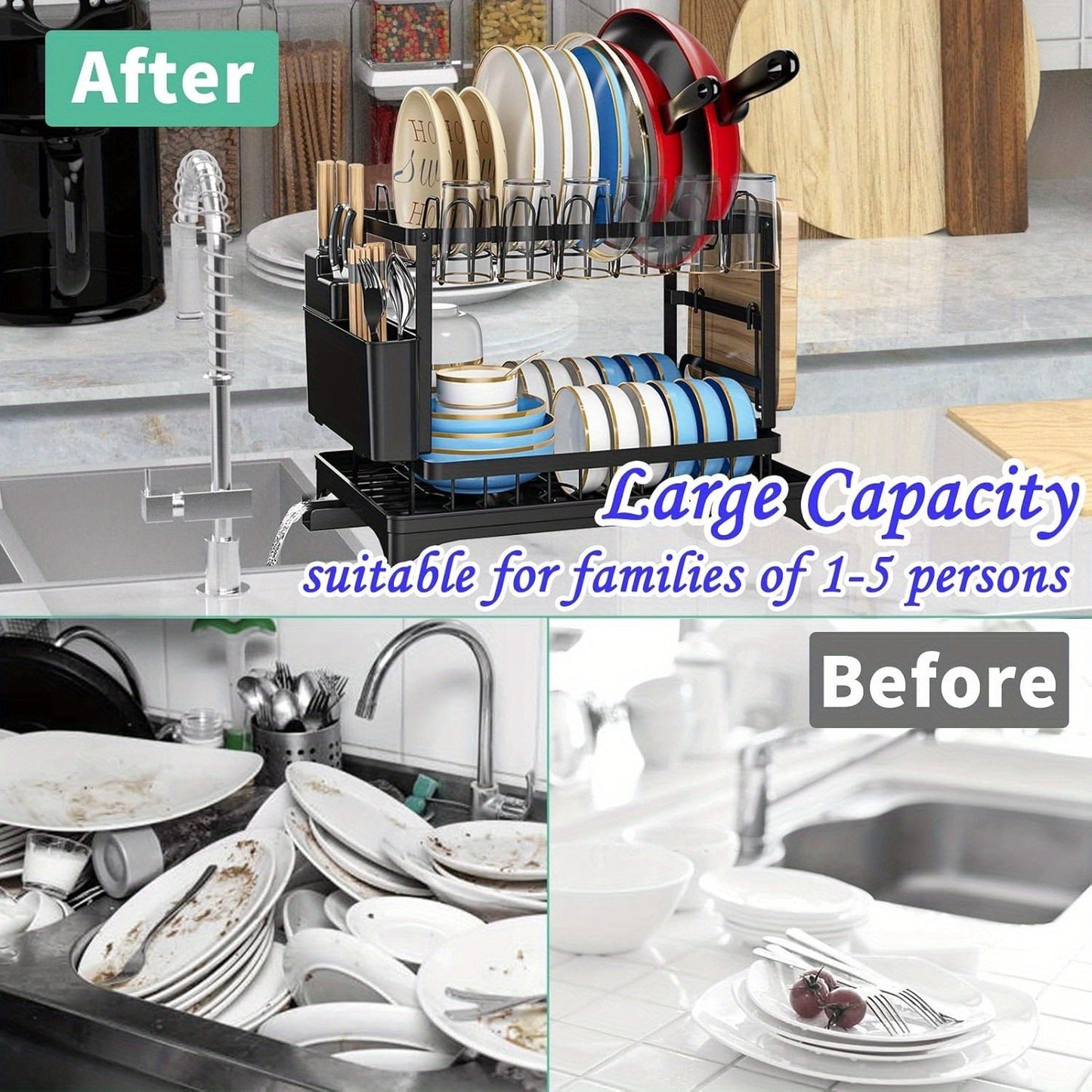 2 Tier Stainless Steel Dish Drying Rack with Drainboard, Adjustable Dish Drainer for Kitchen Counter with Utensil Holder and Cup Rack – Rotatable Drainage System