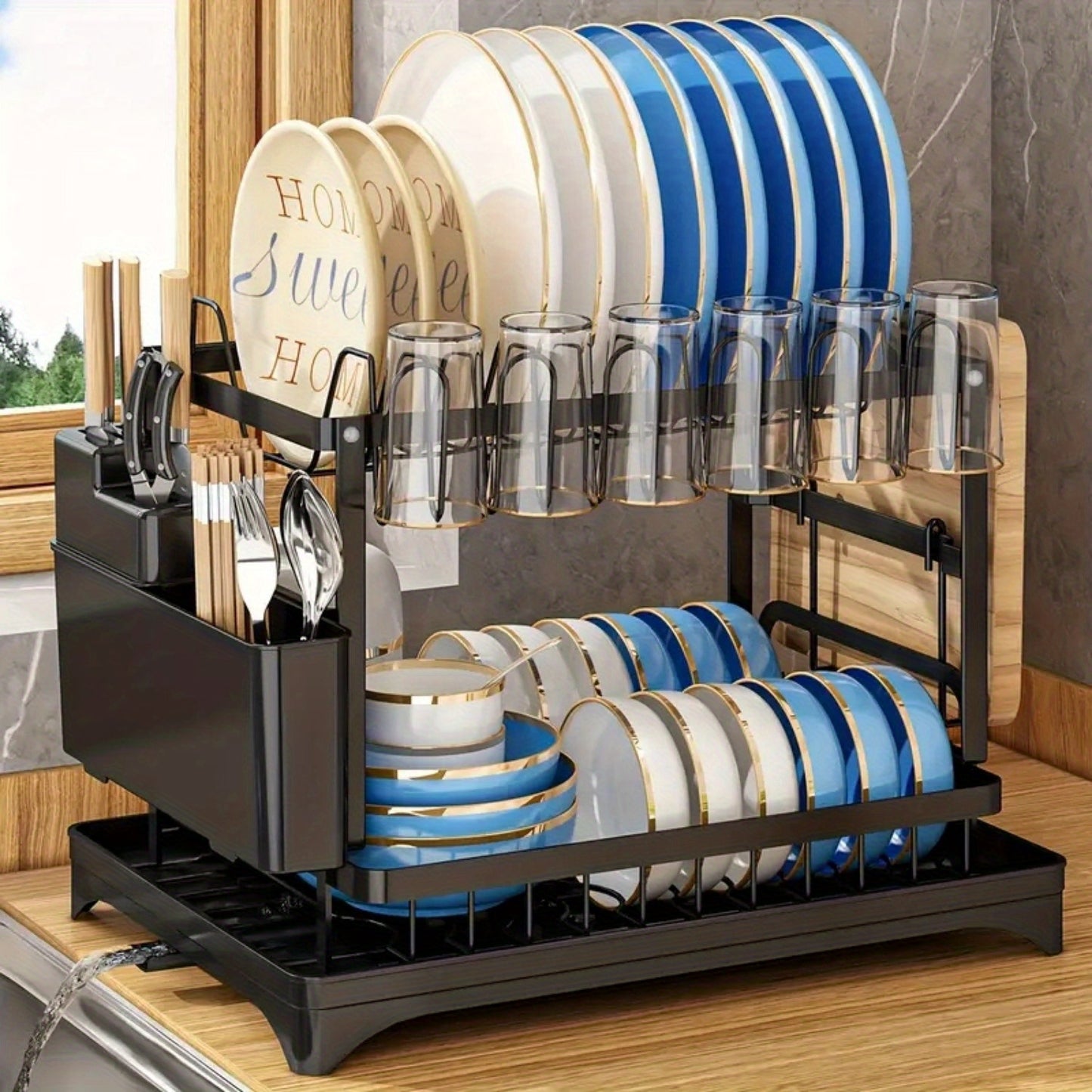 2 Tier Stainless Steel Dish Drying Rack with Drainboard, Adjustable Dish Drainer for Kitchen Counter with Utensil Holder and Cup Rack – Rotatable Drainage System