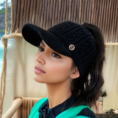 1pc Women'S Knitted Polyester Beanie with Ear Flaps and Retractable Design - Elastic Hair Bonnet Cap for Outdoor Activities, Packable Winter Hat with Lining