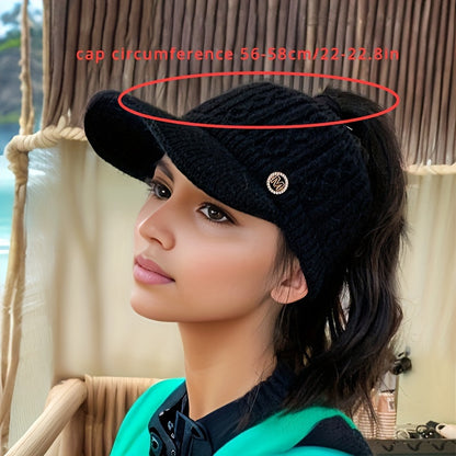 1pc Women'S Knitted Polyester Beanie with Ear Flaps and Retractable Design - Elastic Hair Bonnet Cap for Outdoor Activities, Packable Winter Hat with Lining