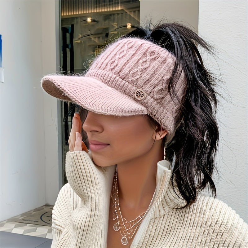 1pc Women'S Knitted Polyester Beanie with Ear Flaps and Retractable Design - Elastic Hair Bonnet Cap for Outdoor Activities, Packable Winter Hat with Lining