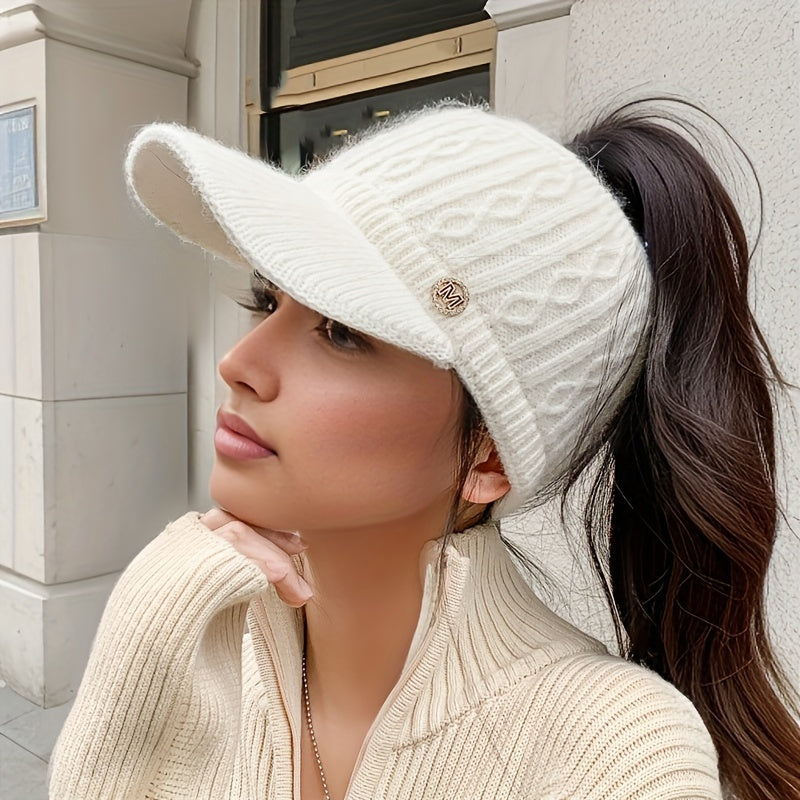 1pc Women'S Knitted Polyester Beanie with Ear Flaps and Retractable Design - Elastic Hair Bonnet Cap for Outdoor Activities, Packable Winter Hat with Lining