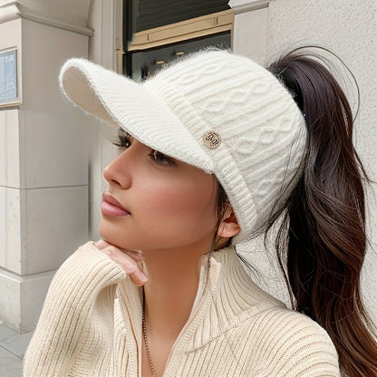 1pc Women'S Knitted Polyester Beanie with Ear Flaps and Retractable Design - Elastic Hair Bonnet Cap for Outdoor Activities, Packable Winter Hat with Lining