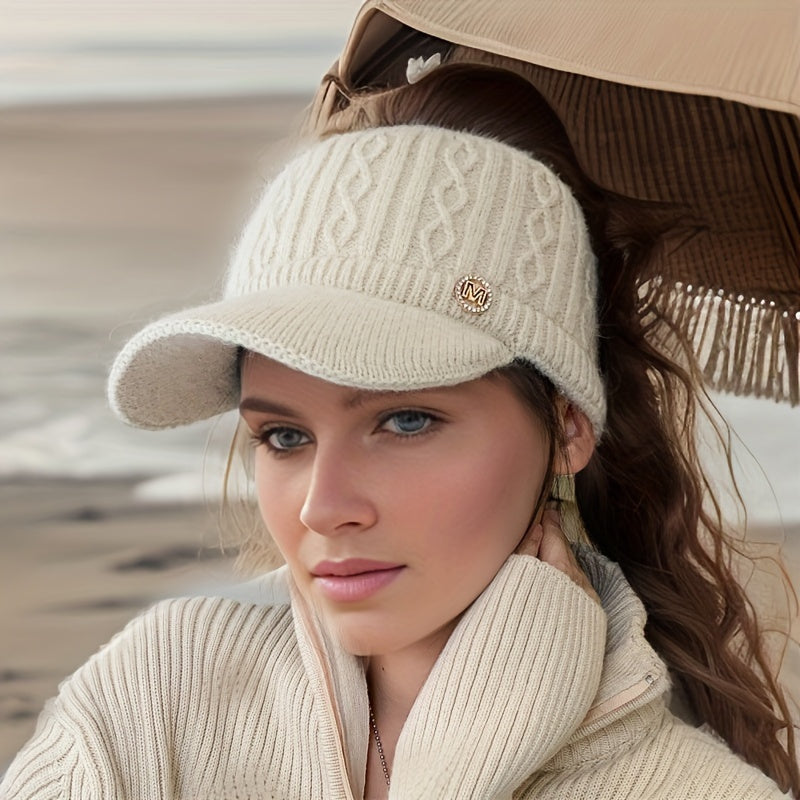 1pc Women'S Knitted Polyester Beanie with Ear Flaps and Retractable Design - Elastic Hair Bonnet Cap for Outdoor Activities, Packable Winter Hat with Lining