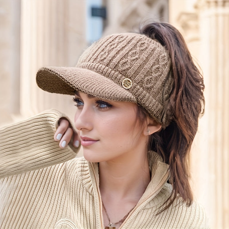 1pc Women'S Knitted Polyester Beanie with Ear Flaps and Retractable Design - Elastic Hair Bonnet Cap for Outdoor Activities, Packable Winter Hat with Lining