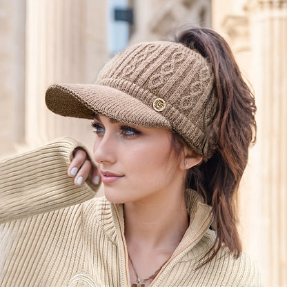 1pc Women'S Knitted Polyester Beanie with Ear Flaps and Retractable Design - Elastic Hair Bonnet Cap for Outdoor Activities, Packable Winter Hat with Lining