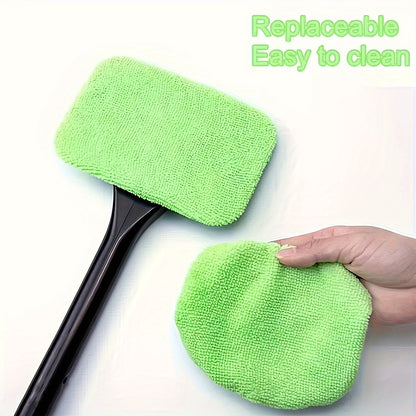 Easy-Reach Long Handle Car Windshield Cleaning Brush Set - Protective Wiping Tool with 1 Replacement Head Cover Cloth