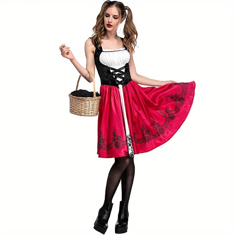 Plus Size 3pcs Little Red Riding Hood Costume Set for Adults - Cute Polyester Cosplay Outfit with Accessories, Perfect for Halloween & Christmas Parties