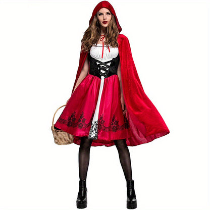 Plus Size 3pcs Little Red Riding Hood Costume Set for Adults - Cute Polyester Cosplay Outfit with Accessories, Perfect for Halloween & Christmas Parties