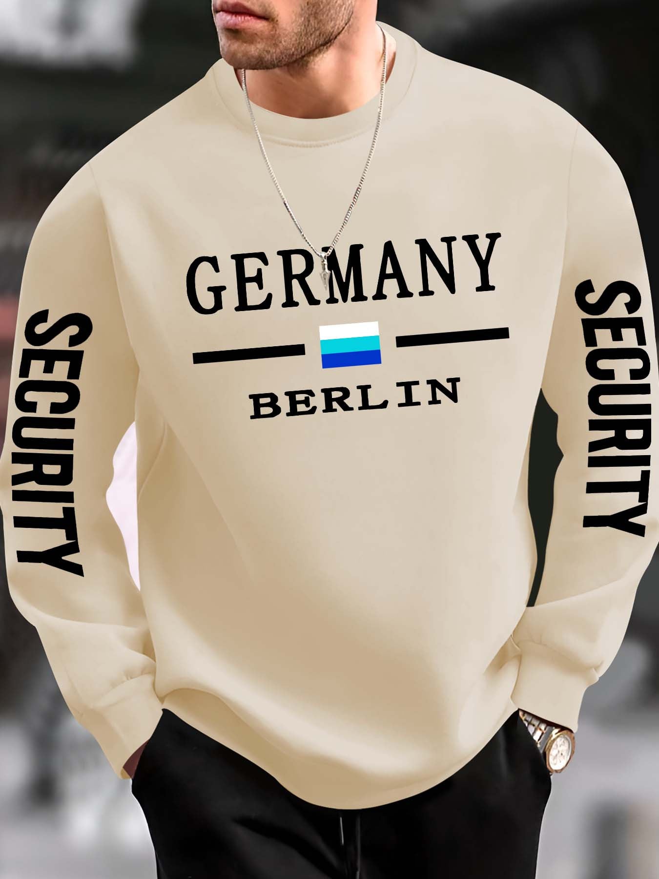 Sudadera informal con estampado de seguridad de Berlín, Alemania, para hombre. Jersey deportivo de punto de poliéster con cuello redondo y ligero estiramiento, ajuste regular, ropa deportiva para otoño/invierno.