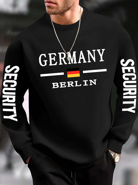 Berlin Germany Security Graphic Casual Sweatshirt for Men - Crew Neck Polyester Knit Active Pullover with Slight Stretch, Regular Fit Autumn/Winter Sportswear