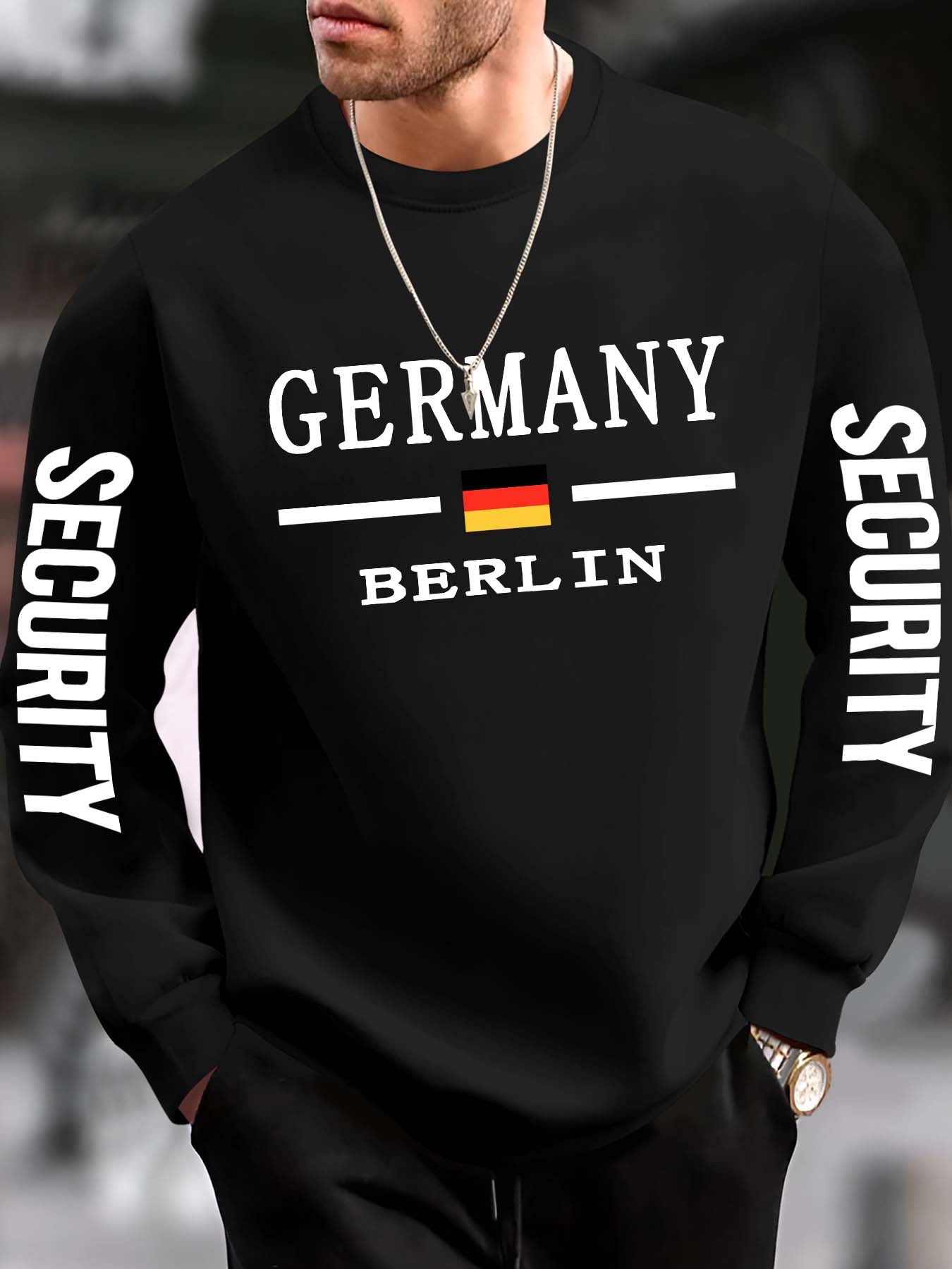 Sudadera informal con estampado de seguridad de Berlín, Alemania, para hombre. Jersey deportivo de punto de poliéster con cuello redondo y ligero estiramiento, ajuste regular, ropa deportiva para otoño/invierno.