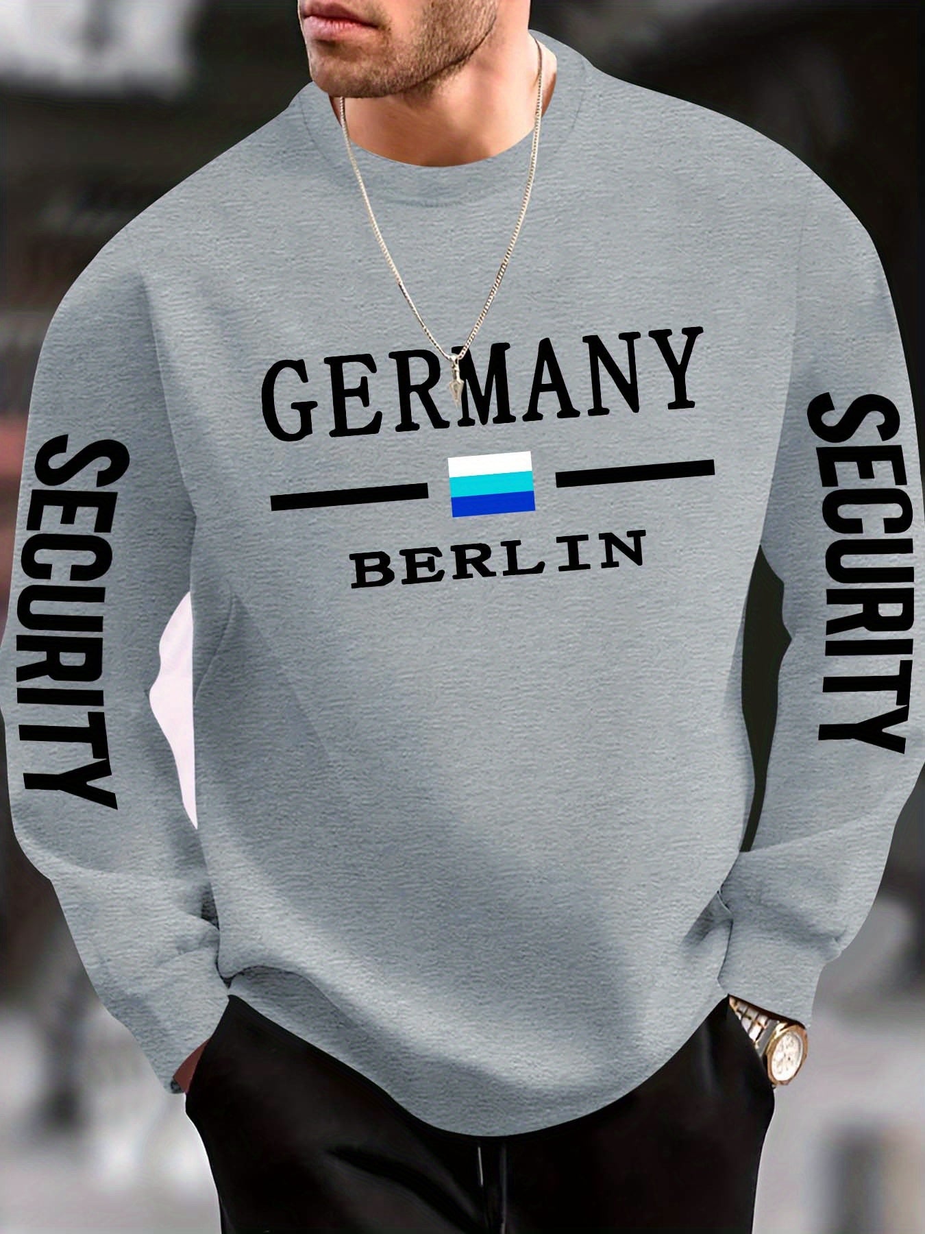 Sudadera informal con estampado de seguridad de Berlín, Alemania, para hombre. Jersey deportivo de punto de poliéster con cuello redondo y ligero estiramiento, ajuste regular, ropa deportiva para otoño/invierno.