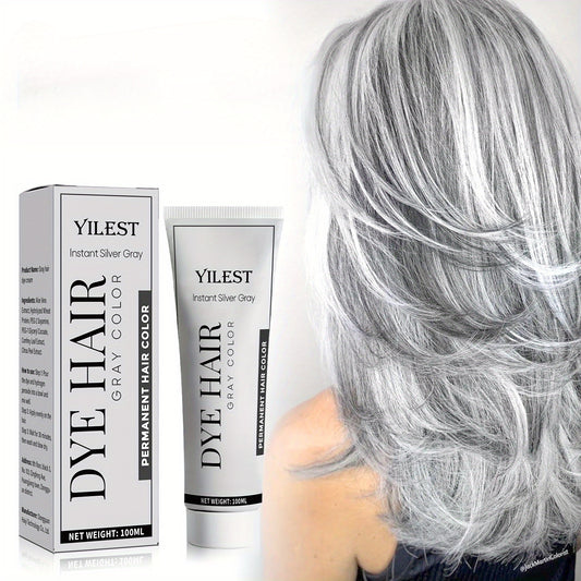 100g YILEST Instant Silvery Gray Hair Dye Cream, Permanent Hair Color, Smooth Transition from Natural Hair to Fashionable Platinum Gray, Easy Renewal, Suitable for All Hair Types and Shades