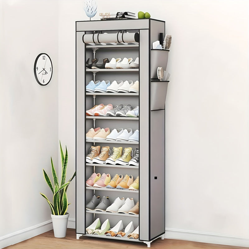 Sleek Style| Spacious Multi-Layer Dustproof Shoe Rack - Durable Stainless Steel & Cloth, Easy to Assemble, Large Capacity Organizer with Side Pockets for Bedroom & Dorm