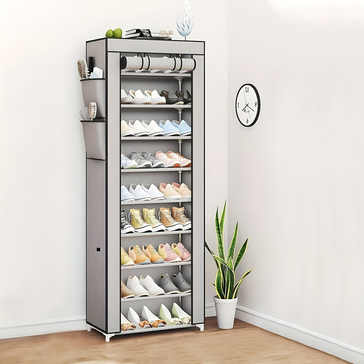 Sleek Style| Spacious Multi-Layer Dustproof Shoe Rack - Durable Stainless Steel & Cloth, Easy to Assemble, Large Capacity Organizer with Side Pockets for Bedroom & Dorm