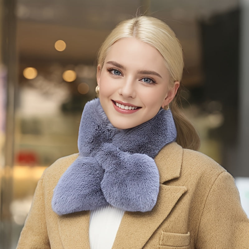 Cozy & Stylish Women's Winter Plush Cross Scarf - Thick, Soft Polyester for Warmth and Neck Protection