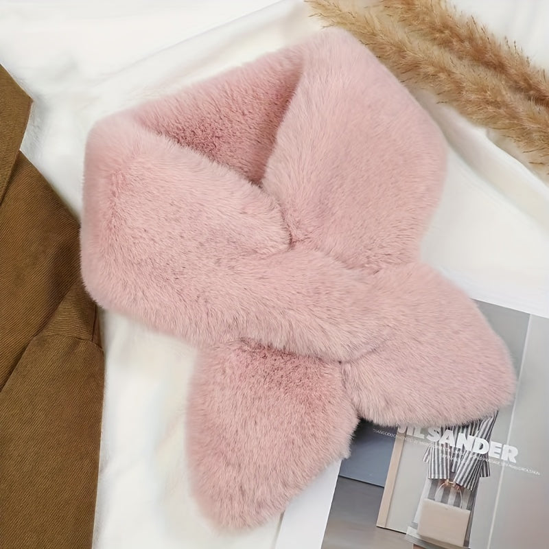 Cozy & Stylish Women's Winter Plush Cross Scarf - Thick, Soft Polyester for Warmth and Neck Protection