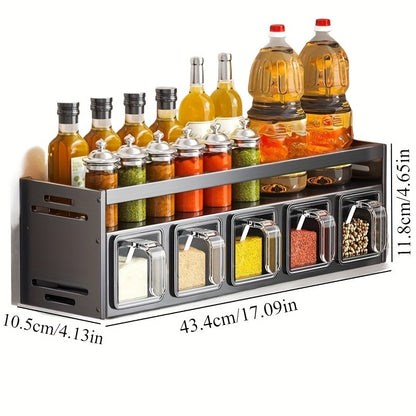 Wall-Mounted Spice Rack Organizer - Multi-Tier Metal Kitchen Rack with Storage Boxes and Jars, Easy-Clean Aluminum Stackable Can Shelf, Space-Saving Seasoning Holder with Tiered Shelves