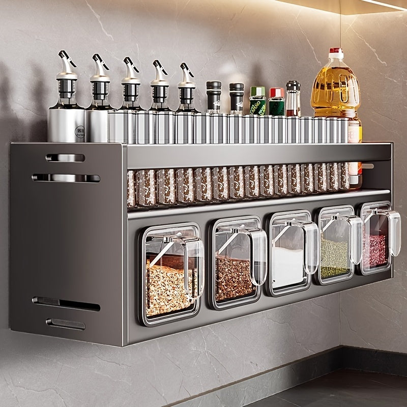 Wall-Mounted Spice Rack Organizer - Multi-Tier Metal Kitchen Rack with Storage Boxes and Jars, Easy-Clean Aluminum Stackable Can Shelf, Space-Saving Seasoning Holder with Tiered Shelves
