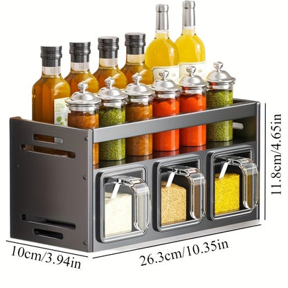 Wall-Mounted Spice Rack Organizer - Multi-Tier Metal Kitchen Rack with Storage Boxes and Jars, Easy-Clean Aluminum Stackable Can Shelf, Space-Saving Seasoning Holder with Tiered Shelves