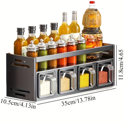 Wall-Mounted Spice Rack Organizer - Multi-Tier Metal Kitchen Rack with Storage Boxes and Jars, Easy-Clean Aluminum Stackable Can Shelf, Space-Saving Seasoning Holder with Tiered Shelves