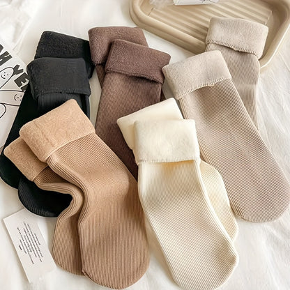 5 Pairs of Men's and Women's Warm Fleece Lined Winter Socks - Thick, Warm, Soft, Elastic, Odor Resistant, Solid Color, Polyester Blend, Knitted Fabric, Suitable for Yoga and Snow Boots