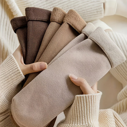 5 Pairs of Men's and Women's Warm Fleece Lined Winter Socks - Thick, Warm, Soft, Elastic, Odor Resistant, Solid Color, Polyester Blend, Knitted Fabric, Suitable for Yoga and Snow Boots