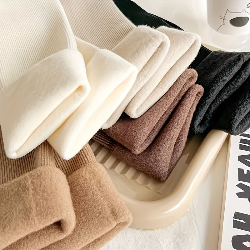 5 Pairs of Men's and Women's Warm Fleece Lined Winter Socks - Thick, Warm, Soft, Elastic, Odor Resistant, Solid Color, Polyester Blend, Knitted Fabric, Suitable for Yoga and Snow Boots