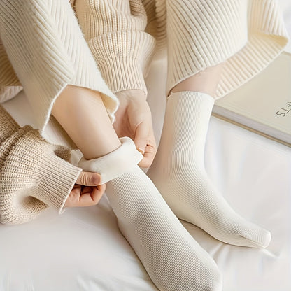 5 Pairs of Men's and Women's Warm Fleece Lined Winter Socks - Thick, Warm, Soft, Elastic, Odor Resistant, Solid Color, Polyester Blend, Knitted Fabric, Suitable for Yoga and Snow Boots