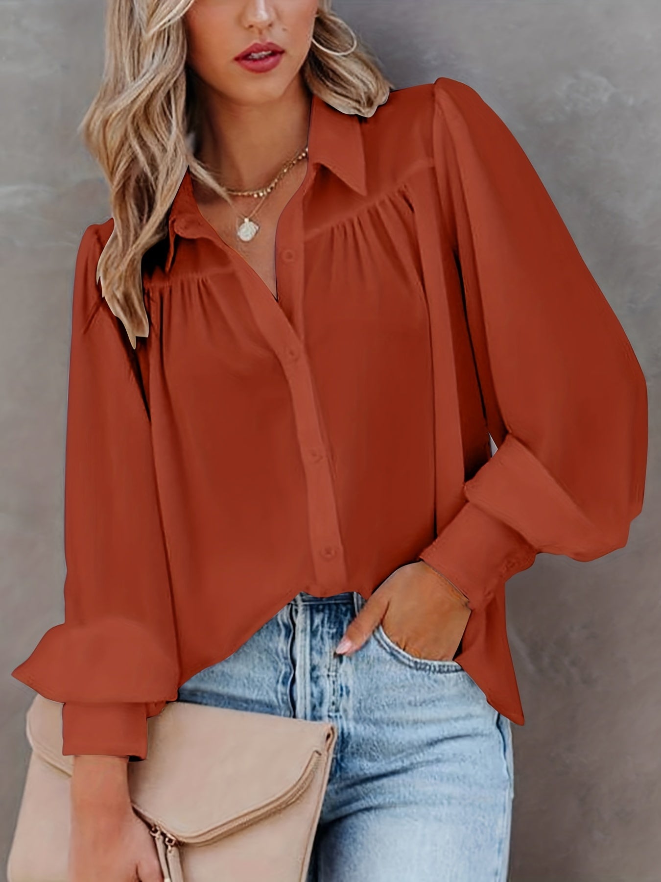 Plus Size Basic Blouse, Women's Plus Solid Button Up Lantern Sleeve Turn Down Collar Slight Stretch Blouse