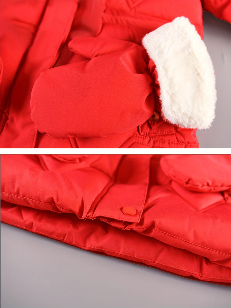 Chaqueta cálida de manga larga con capucha para niña, de color liso, con capucha de pelo sintético, cómoda y moderna, con guantes desmontables como regalo.